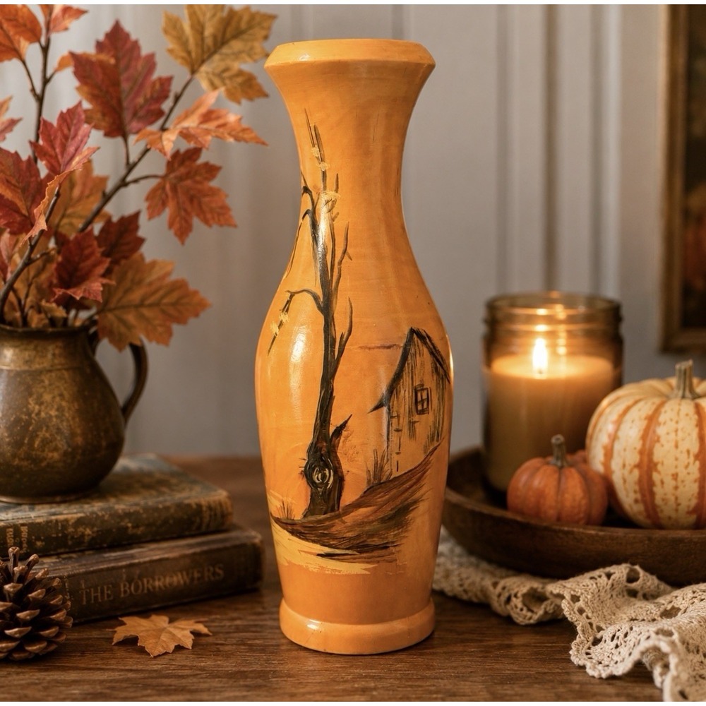 Vintage Hand Painted Wood Vase 12" Folk Art Cottage Landscape Sleepy Hollow OOAK